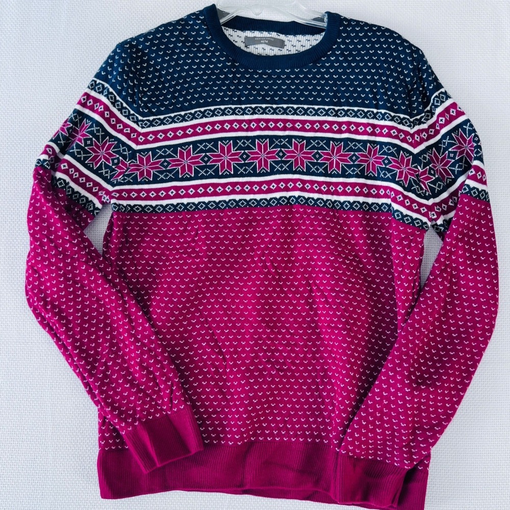 Vtg Denver Hayes Crewneck Sweater Thick Knit Navy Red Snowflake Fair Isle Medium